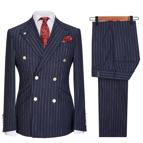 Mens Suits Slim Fit Pinstripe 2 Piece Tuxedo Suit Set Double Breasted Wedding Party Business Blazer Pants