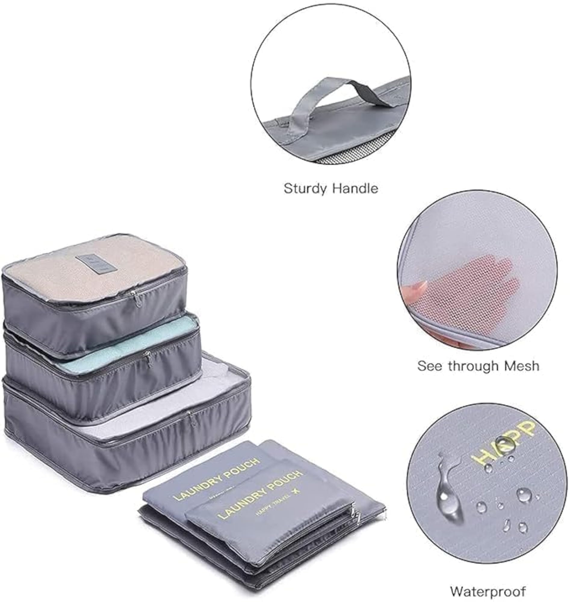Travel Packing Cubes Set of 6 with Laundry Pouches, Grey