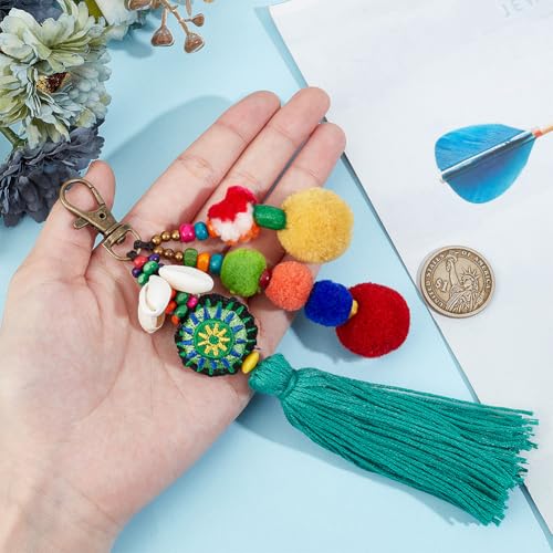 Beebeecraft Boho Keychain Green Tassel Bag Charm Pompom Wood Bead with Swivel Clasp Pendant Decoration Hanging Ornament for Women Gift - Image 3
