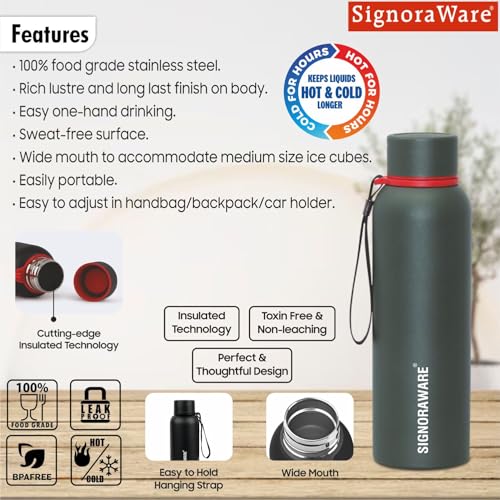Image of SignoraWare Parkour Vacuum ISI Certified Stainless Steel Bottle With Hanging Strip | Airtight & Leakproof | Easy To Clean | Lightweight | Ideal for School, Office, Gym Or Outdoors (700ml | Green)