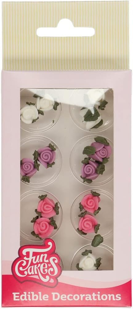 FunCakes Sugar Decorations Roses with Leafs: Ready to Use for Cake Decoration, Perfect for Cupcakes, Muffins and more, Glutenfree certified, Set/16,Mix,6