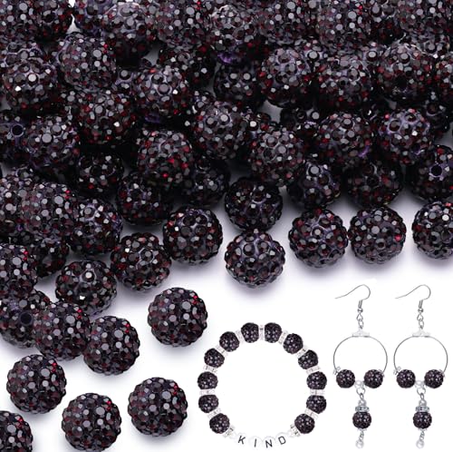 150pcs 10mm Rhinestone Beads for Jewelry Making, Dark Purple Shiny Round Shamballa Disco Beads Bulk, Sparkle Crystal Clay Christmas for Bracelet Baseball Necklace Earring Crafting and DIY