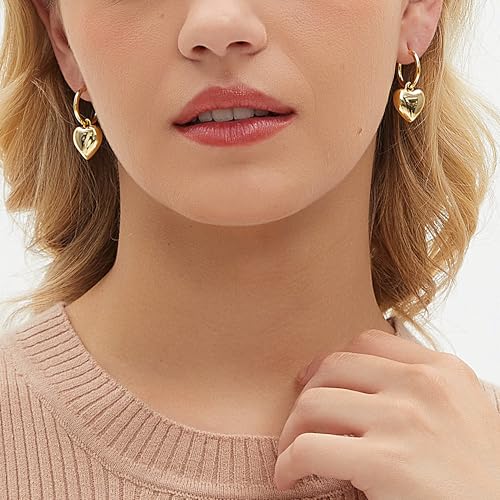 Puffy Gold Heart Earrings for Women 18K Gold Plated 925 Sterling Silver Pearl Hoop Earrings Dangle Hypoallergenic Heart Drop Earrings Jewelry Birthday Gifts for Lover3
