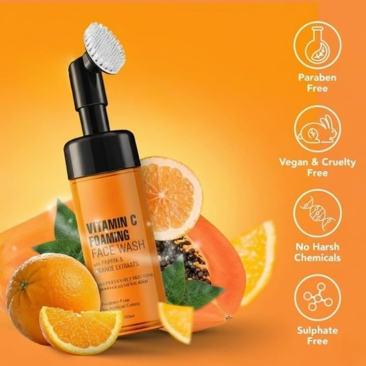 Vitamin C Foaming Face Wash with Papaya & Orange Extracts | Built-In Silicone Brush for Deep Cleansing & Glowing Skin | Paraben & Sulphate Free | For Women & Men | 150ml