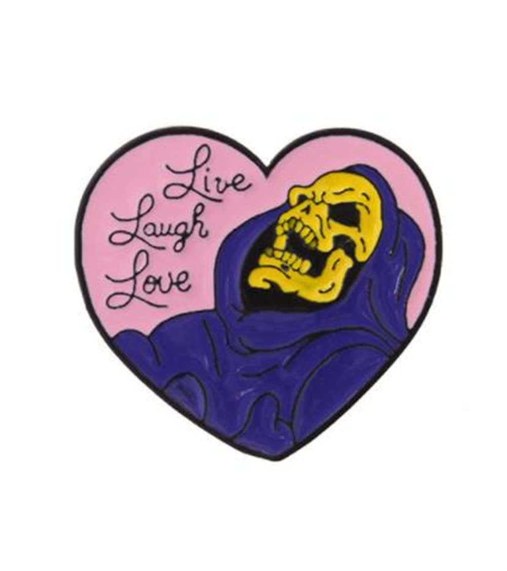Live Laugh Love Enamel Pin Heart Shape Skeleton Badge Brooch Lapel Pin for Jeans Shirt Bag Gothic Jewelry Gift for friend Halloween Decoration Brooch, #30956, Alloy Steel, no gemstone