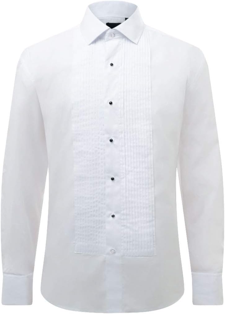 Dobell Mens White Dress Shirt Regular Fit 100% Cotton Standard Collar Pleated Stud Button Front Double Cuff