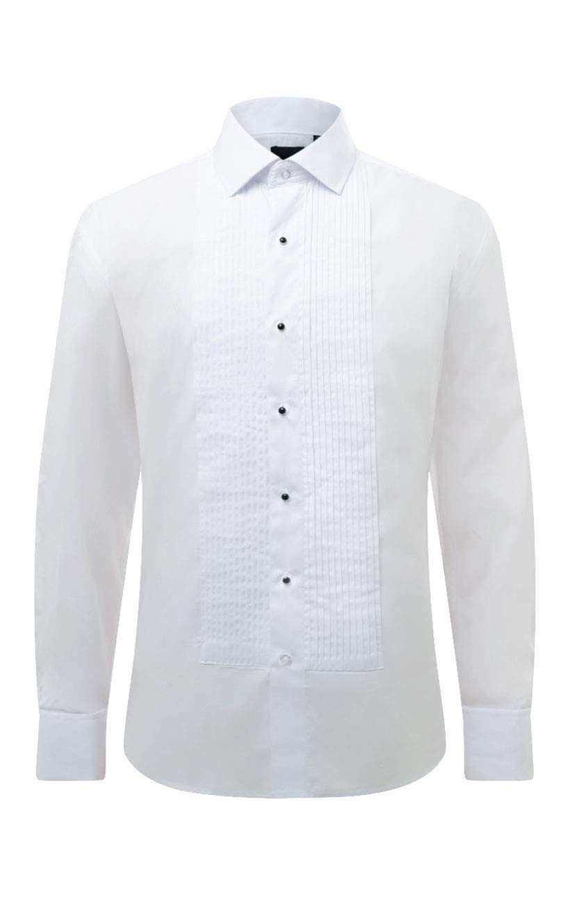 Mens White Dress Shirt Regular Fit 100% Cotton Standard Collar Pleated Stud Button Front Double Cuff