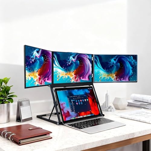 Image of 15.6 inch Portable Foldable Triple Monitor, Laptop Screen Extender, Fhd 1080P IPS Foldable Triple Monitor, HDMI /USB-C N Play, Adjustable Viewing Angles, Compatible with Mac /Windows /Linux