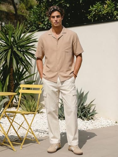 Image of Urbano Fashion Men's Cotton Half Sleeve Relaxed Fit Textured Shirt with Cuban Collar