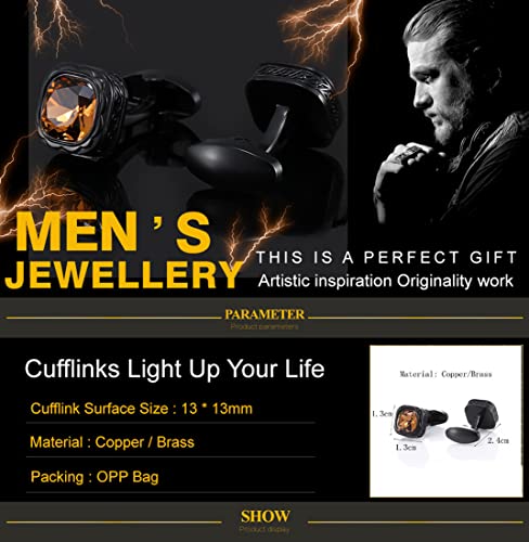 Mancuernillas para hombre negras con cristal ámbar cuadrado miniatura 5