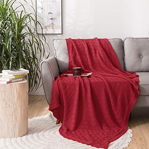 Cotton Red Knit Throw Blanket for Couch Sofa Beach Chair Bed Home Decorative Soft Warm Cozy Cable Lightweight Knitted Blankets, 50 x 60 Inch by Longhui bedding - Used condition - Image 7