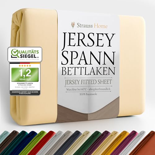 Strauss Home® Jersey Spannbettlaken Spannbetttuch Bettlaken 100% Baumwolle 140x220-160x220 cm Übergrösse Wasserbett Boxspringbett (Sand/Natur)