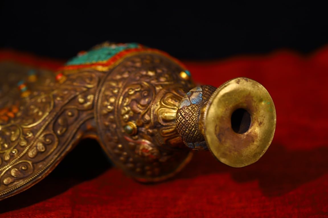 17"Tibetan Temple Collection Old Natural Conch Mosaic Gem Turquoise Kylin Pattern Conch Pendant Amulet Buddha Worship Hall