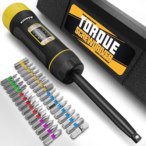 Image of Long Shank Torque Screwdriver Set, 1-11 Inch Pounds lbs, 32 Piece 1 /4 inch Drive Torque Screwdriver Wrench with S2 Steel Bits for Bicycle Mechanics, Mechanical Equipment, and Mounting