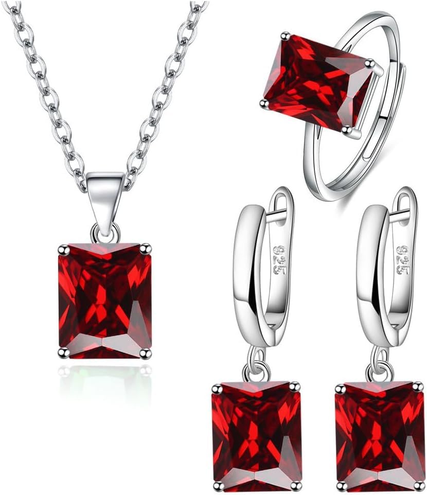 FDEETY Schmuckset für Damen Braut - Strass Halskette Ring Ohrringe Set für Abschlussball, Hochzeit, Party, Brautjungfer (Rot)