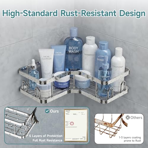 Image of Veken Corner Shower Caddy 3-Pack, Advanced Rustproof Design&Stable Storage | No Drilling Adhesive Shelves, Rack with Soap Holder & Hooks, Thickened Metal Frame, Bathroom Organizers and Storage, Silver