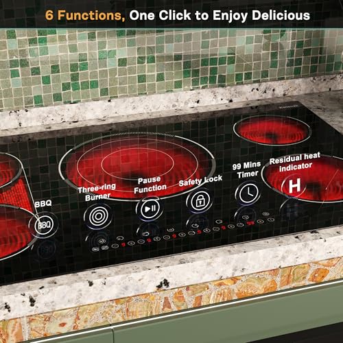 Image of 36 Inch Electric Cooktop 5 Burner, Built-in Electric Stovetop with Flexible Bridge & Triple Ring Burner, 9600W Cooktop Electrics with BBQ Burner, Timer, Safety Lock,Pause, 220V-240V Hard Wire