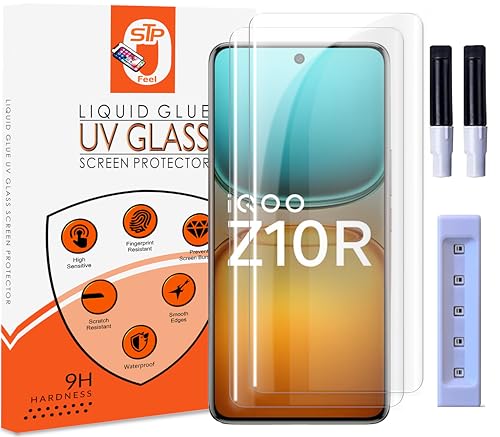 Image of STP FEEL Premium UV Tempered Glass Screen Protector Guard Compatible For IQOO Z10R 5G (6.77 Inch, Pack of 2) Full Adhesive UV Curved Case Friendly HD Clarity with easy installation kit