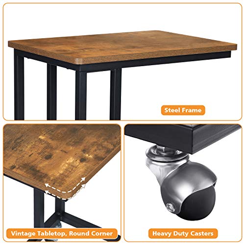 KINGSO C Table Rolling TV Tray End Tables Living Room Sofa Side Table Under Couch Table Industrial Moible Snack Table for Coffee Laptop Eating Portable Little Bedside Table, Rustic Brown - Thumbnail 4