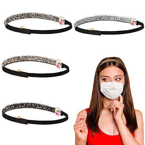 4 PCS Rhinestone Headbands with Buttons Skinny Glitter Non-slip Elastic Thin Hair Band Headband Ear Protection Face Cover Holder for Women Sports Yoga Workout (Style 2)