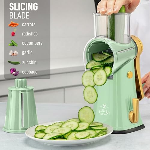 Image of Zulay Kitchen Rotary Cheese Grater 5 Blade Cheese Shredder - Manual Hand Crank Cheese Grater With Reinforced Suction & 5 Interchangeable Drums - Easy to Use, Vegetable Chopper Round Mandoline Slicer