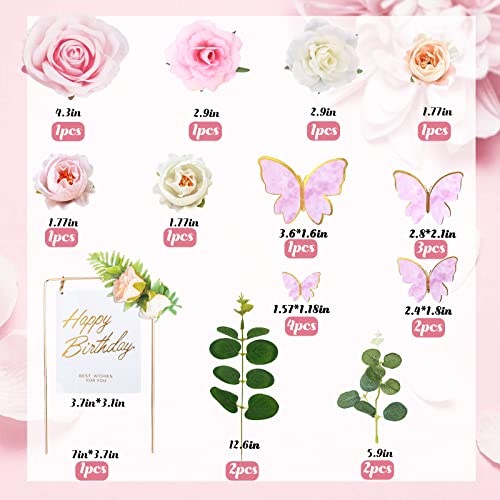 21 Pcs Butterfly Cake Toppers Flower Cake Topper Acrylic Happy Birthday Cake Toppers Artificial Rose Flowers Eucalyptus Leaves Cake Decorations For Wedding Birthday Party Bridal Baby Shower Supplies #TOP1