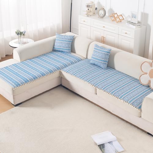 Image of HOKIPO L Shape (2+2 Seater) Sofa Cover Seat Mat | 300 GSM Cotton Acrylic Jacquard Fabric with Tassel, 'Trivana Series' Aqua Blue (IN-934+935-J7)