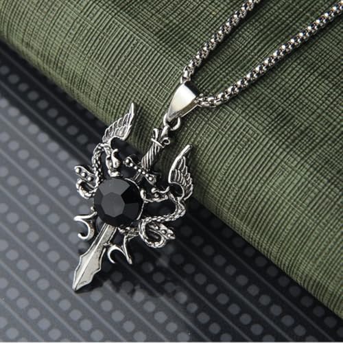 Çift Ejderha Siyah Zirkon Taşlı Kılıç Erkek Kolye Çelik Takı - Görsel 2