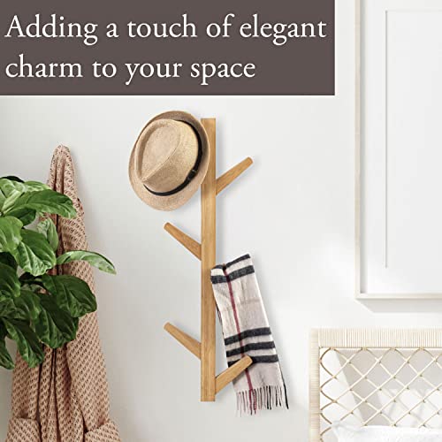 Mygift Wall Mounted Natural Bamboo Solid Wood Coat Rack Tree With Branch Design 6 Hooks, Decorative Entryway Coat, Hat, Scarves Hanger Rack #TOP1