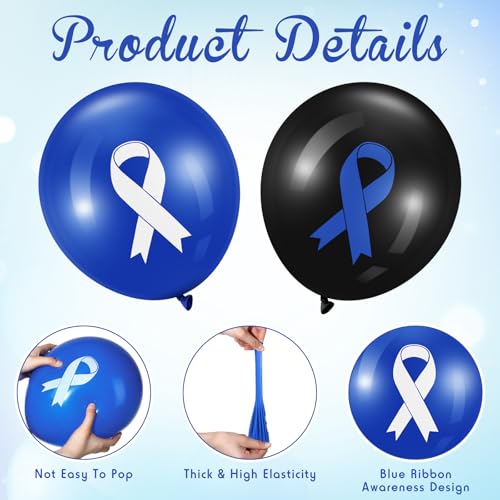 Image of Hungdao 100 Pcs Blue Cancer Awareness Ribbon Balloons Colon Rectal Prostate Cancer Balloons Arch for Ribbon Party Decorations Child Abuse Prevention Awareness Supplies (Blue and Black)