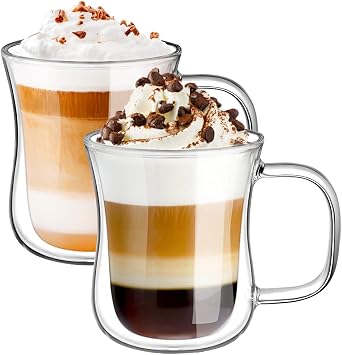 ecooe Double Walled Coffee Glasses Mugs Espresso Cups 240ml 2 Pack | Borosilicate, Double Walled Glasses Cups with Handle, Heat Resistant Glass Cup for Coffee Tea Milk Juice Ice Cream
