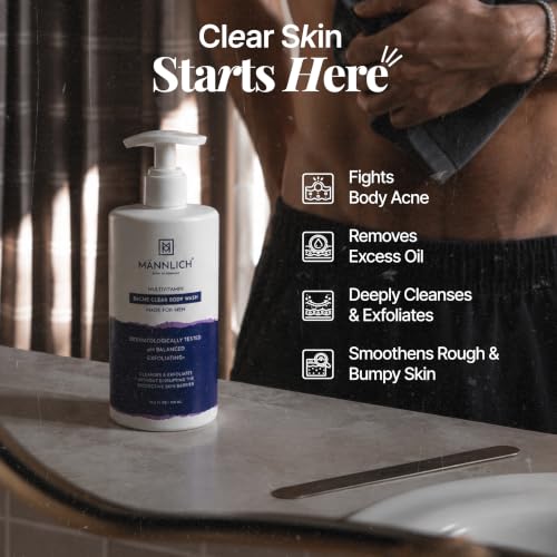 Image of Mannlich 2% Salicylic Acid Body Acne Wash for Men (300 ml) Pack of 3 - Bacne Clear Body Wash Men Shower Gel - 3% Niacinamide Prevents Body Acne, Exfoliates & Nourishes Skin - Suitable for All Skin Types - Paraben & SLS Free