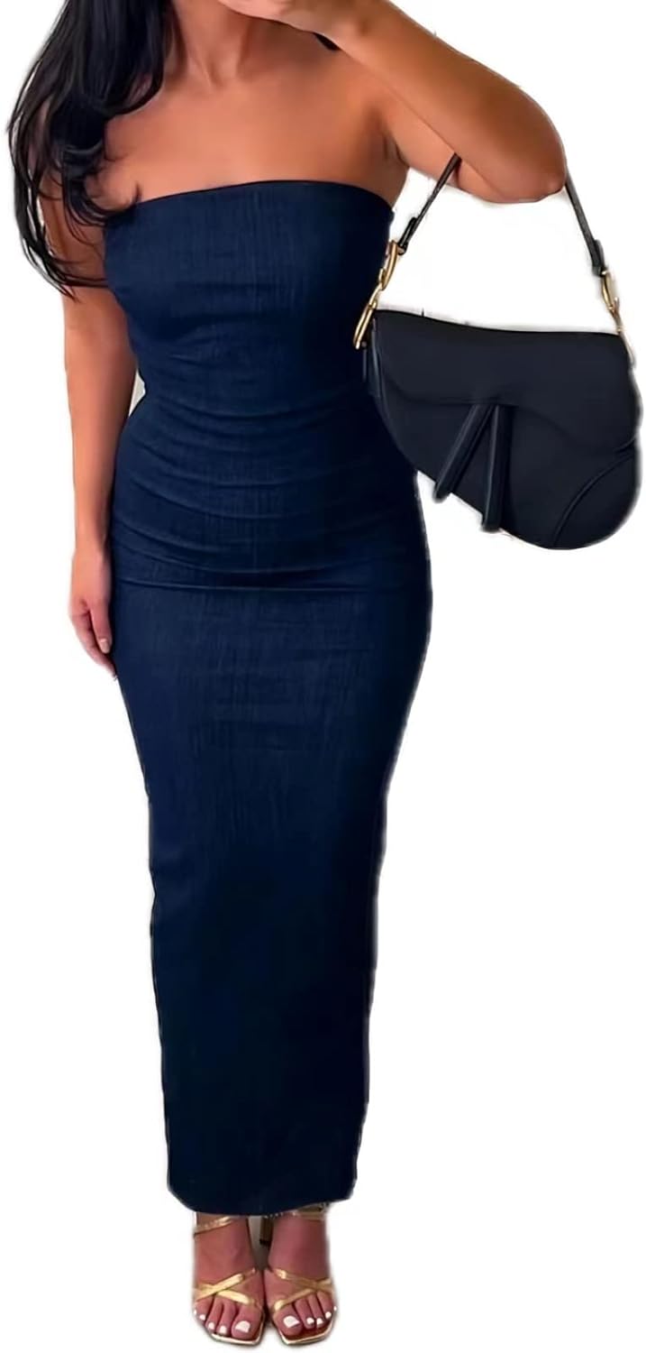 XPONNI Denim Maxi Dress for Women Denim Tube Dress Strapless Sleeveless Bodycon Midi Jean Dresses for Women 2025