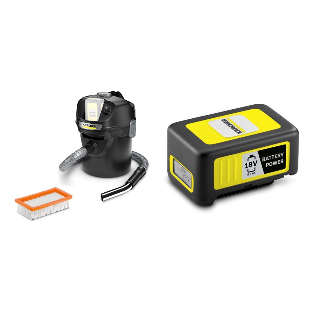 Kärcher 18 V Akku-Asche- und Trockensauger AD 2 Akku ideal für die Reinigung von Kamin- und Pelletöfen, flammhemmendes Material, 1-teiliger Filter, 14 l, 230 W & Battery Power 18/50, 18 V, 5 Ah