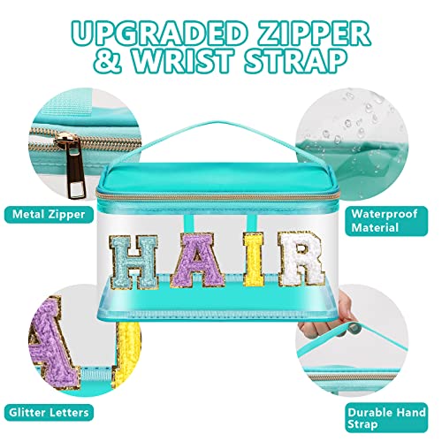 Iqimott Preppy Clear Makeup Cosmetic Bag For Women Travel, Nylon Pvc Chenille Glitter Letter Toiletry Storage Tote Bag, Transparent Waterproof Organizer Zipper Pouch With Handle(Hair, Green) #TOP2