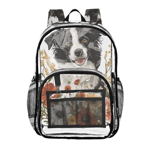 Cute Dog Face Flowers Bloom Kids Clear Backpack Clear Book Bags For Girls Boys Transparent Heavy Duty Bag