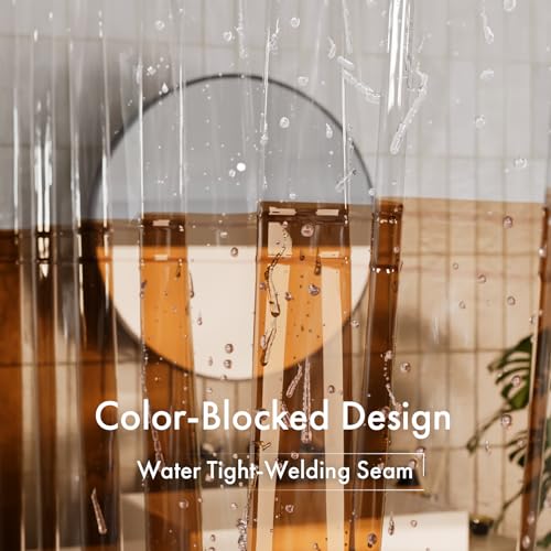 Image of AmazerBath 100% EVA Shower Curtain Liner, 72 x 72 Inches Heavy Duty Shower Curtain and Liner 2-in-1 with 3 Clear Stones and 12 Brass Grommets, Color Block Soft Shower Liner - Clear & Amber