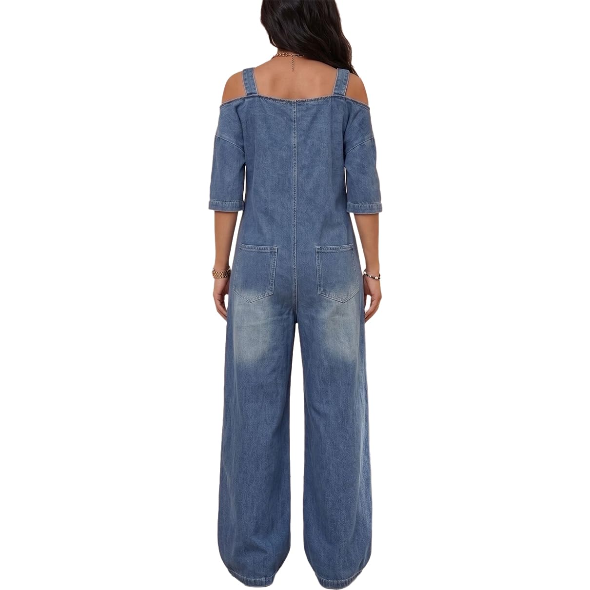 Combinaison en Jean pour Femmes, Sexy, épaules dénudées, Manches Courtes, Coupe Ample, Longue Barboteuse en Jean avec Poches