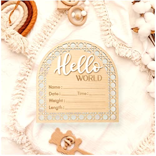 Image of Bleed Proof Engineered Wood, Baby Announcement Sign, Hello World Newborn Sign, Birth Announcement Sign, Newborn Announcement Sign - 5.5" (Birch/White)