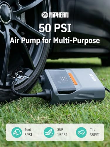 Image of niphean Paddle Board Electric Pump with Battery 50PSI Rechargeable Air Pump | Dual Stage Auto Inflation & off, 12V DC Car Connector Portable SUP Pump for Stand Up Paddle Board, Kayak, Tents and Tires