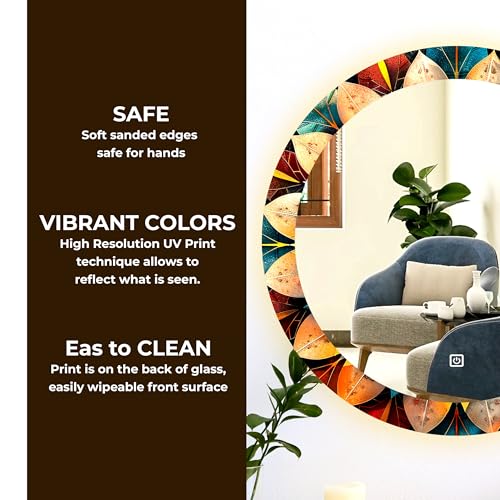 Image of NEVEX Glass Round 24x24 Inch Decorative Art Unique UV Printed Smart LED Mirror with 3 Color Lights (Warm White, Cool White & Natural White) | Fancy Wash Basin Wall Mirror for Modern Home Decor