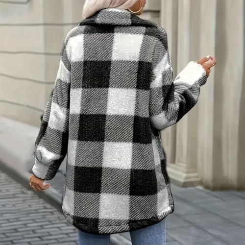 Fleece Jacket Women Plaid Sherpa Jackets Soft Button Fuzzy Long Sleeve Coat - image 5