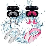 Feliciay Juego de 2 pares de pinzas nasales y tapones para los oídos de silicona para principiantes, protección nasal con caja para natación, ducha, baño, surf (rosa, gris)