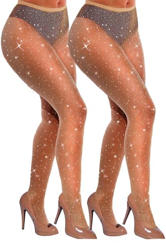 Image of VEBZIN Sparkly Fishnets Stockings High Waist Fishnet Tights for Women | Rhinestone Design, Sparkly Glitter Effect, Reinforced Toe, High Stretch, Everyday Wear, Rave Party Concert Festival Outfits