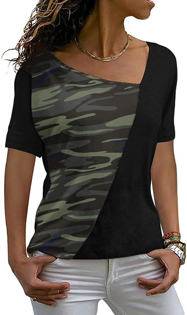 AYIFU Womens Summer Tops Short Sleeve Casual Shirts Asymmetric Neck Color Block Tunic X-Large 2- Little Camo Green