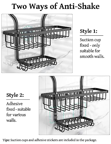 YASONIC Shower Caddy Hanging - Never Rust Shower Organizer - Aluminum over The shower head caddy with 10 Hooks for Razor/Sponge - Shower Rack with Soap Basket - Black