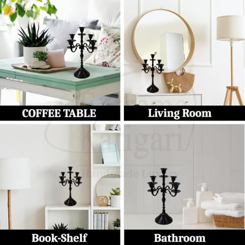 Image of 5 Arm Black Metal Candelabra Candle Stand | 12 Inch Tall Decorative Candlestick Holder for Dining Table, Living Room, Wedding & Home Decor (Black)