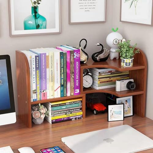 Dreamhousey Retractable Corner Book Shelf, Simple Desk Storage Shelf, Desk Office Desktop Storage Shelf, Student Small Bookcase (Brown) - Image 2