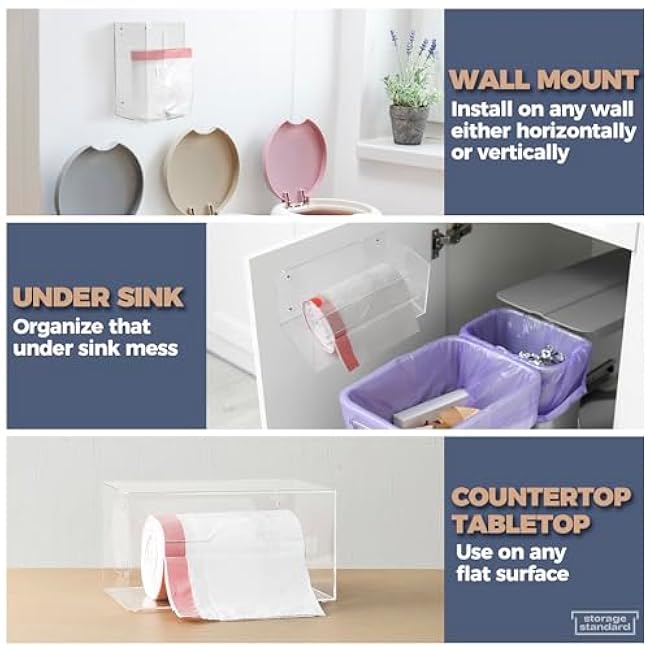 Storage Standard Trash Bag Holder Dispenser - Acrylic Bags Dispensing Roll Holder, Garbage Liner Holder for Cabinet, Garbage & Under Sink - Organizer for Home or Shops - Small