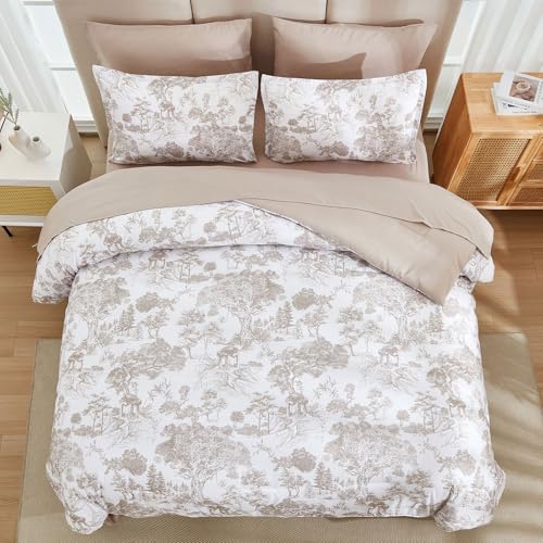 Image of DJY Khaki Comforter Set King, 7 Pieces Bed in a Bag King Size Botanical Comforters with Sheets Elegant Plants Print Soft Microfiber Reversible Complete Bedding Sets for All Season
